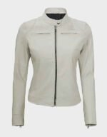 dodge off white cafe racer leather jacket for women