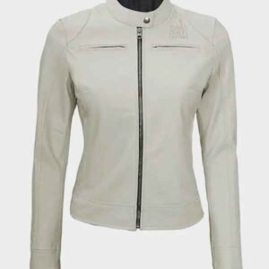 dodge off white cafe racer leather jacket for women