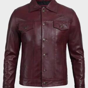 maroon leather trucker jacket