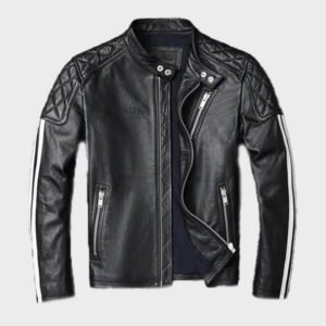 mens black quilted leather jacket with white stripe