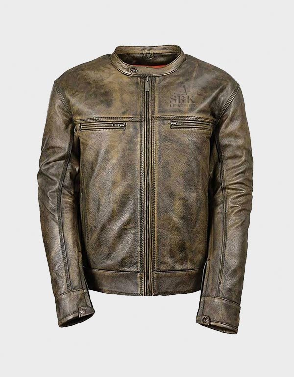 mens brown distressed leather bikers jacket