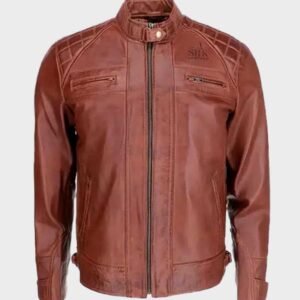 mens brown quilted biker leather jacket