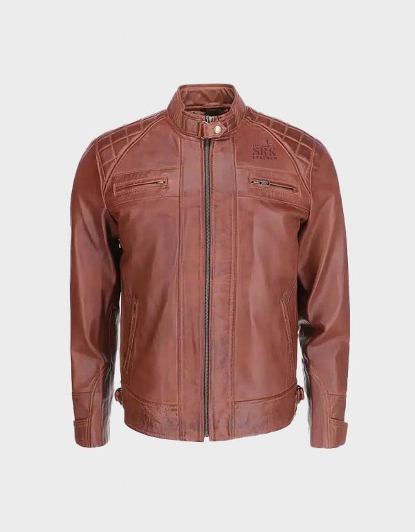 men’s brown quilted bikers leather jacket