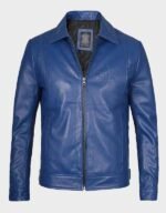 mens classic blue leather jacket with shirt collar