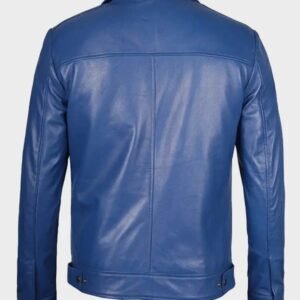 mens classic blue shirt collar leather jacket