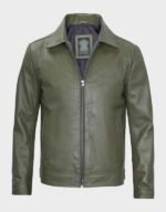 mens classic shirt collar military green leather jacket