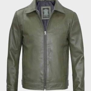 mens classic shirt collar military green leather jacket