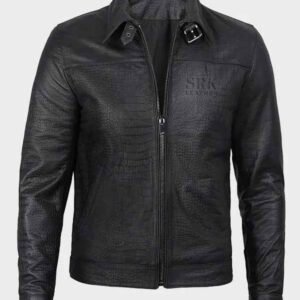 mens premium black crocodile textured leather jacket