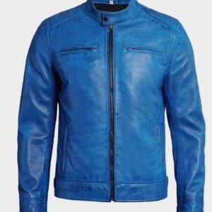 mens real lambskin leather blue cafe racer jacket