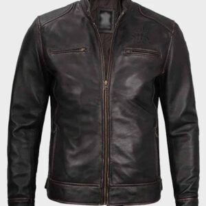 mens rub off brown leather biker jacket