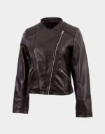 short length brown leather jacket for women