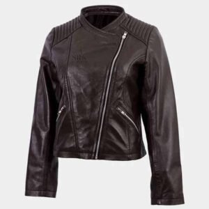 short length brown leather jacket for women