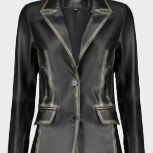 women classic 2 button lambskin black leather blazers