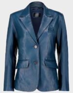 women classic 2 button lambskin blue leather blazer