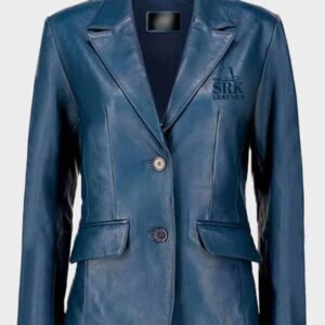 women classic 2 button lambskin blue leather blazer