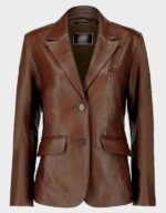 women classic 2 button lambskin brown leather blazer