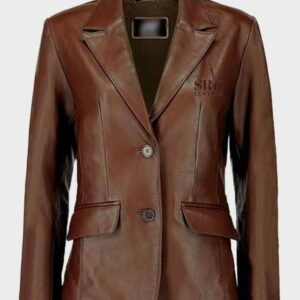 women classic 2 button lambskin brown leather blazer