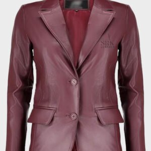 women classic 2 button lambskin burgundy leather blazer