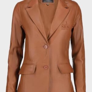 women classic 2 button lambskin cognac leather blazer