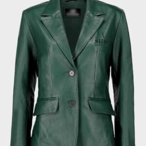 women classic 2 button lambskin green leather blazer