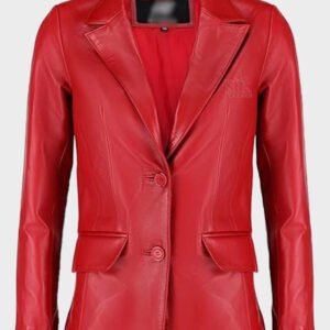 women classic 2 button lambskin red leather blazer