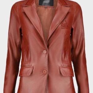 women classic 2 button lambskin tan leather blazer