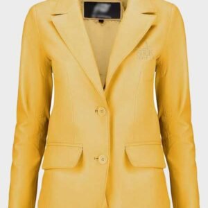 women classic 2 button lambskin yellow leather blazer