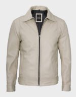 beige shirt style leather jacket