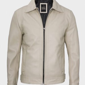 beige shirt style leather jacket