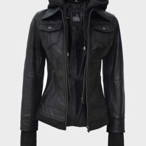 black bomber leather jacket with hood