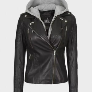 black real leather removable hooded jacket