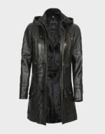 black slim fit real leather coat with hood