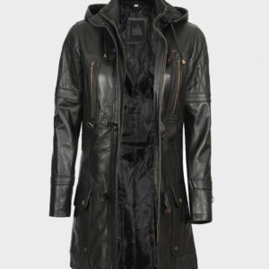 black slim fit real leather coat with hood