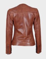 brown textured leather cafe racer jacket for women