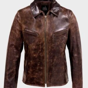 brown vintaged vegetable crunch cowhide leather jacket