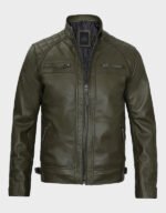 classic dark green real leather biker jacket