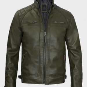 classic dark green real leather biker jacket