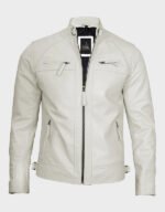 classic off white real leather biker jacket