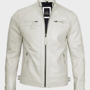 classic off white real leather biker jacket