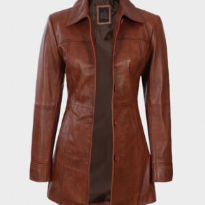 cognac brown leather long coat