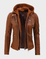 cognac slim fit leather jacket with removable hood