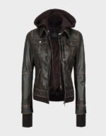 dark brown women leather jacket with hood