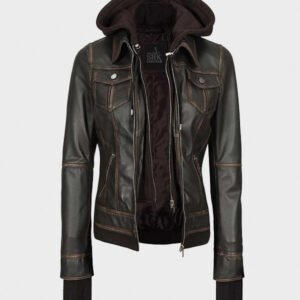 dark brown women leather jacket with hood