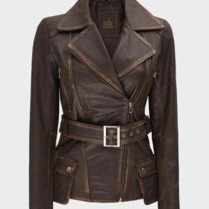 distressed brown asymmetrical belted leather jacket