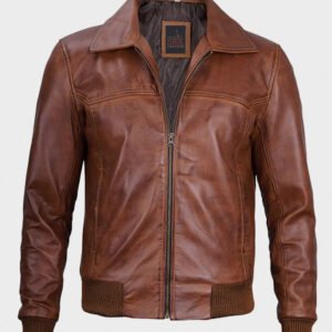 distressed brown leather bomber jacket