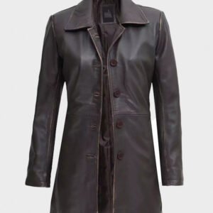 distressed dark brown leather coat