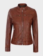 ladies cognac wax brown leather jacket