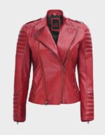 maroon asymmetrical padded leather jacket