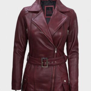 maroon asymmetrical real leather jacket