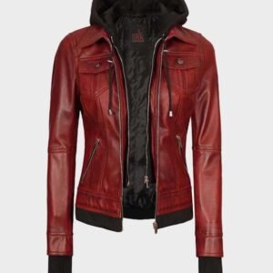 maroon hooded leather jacket